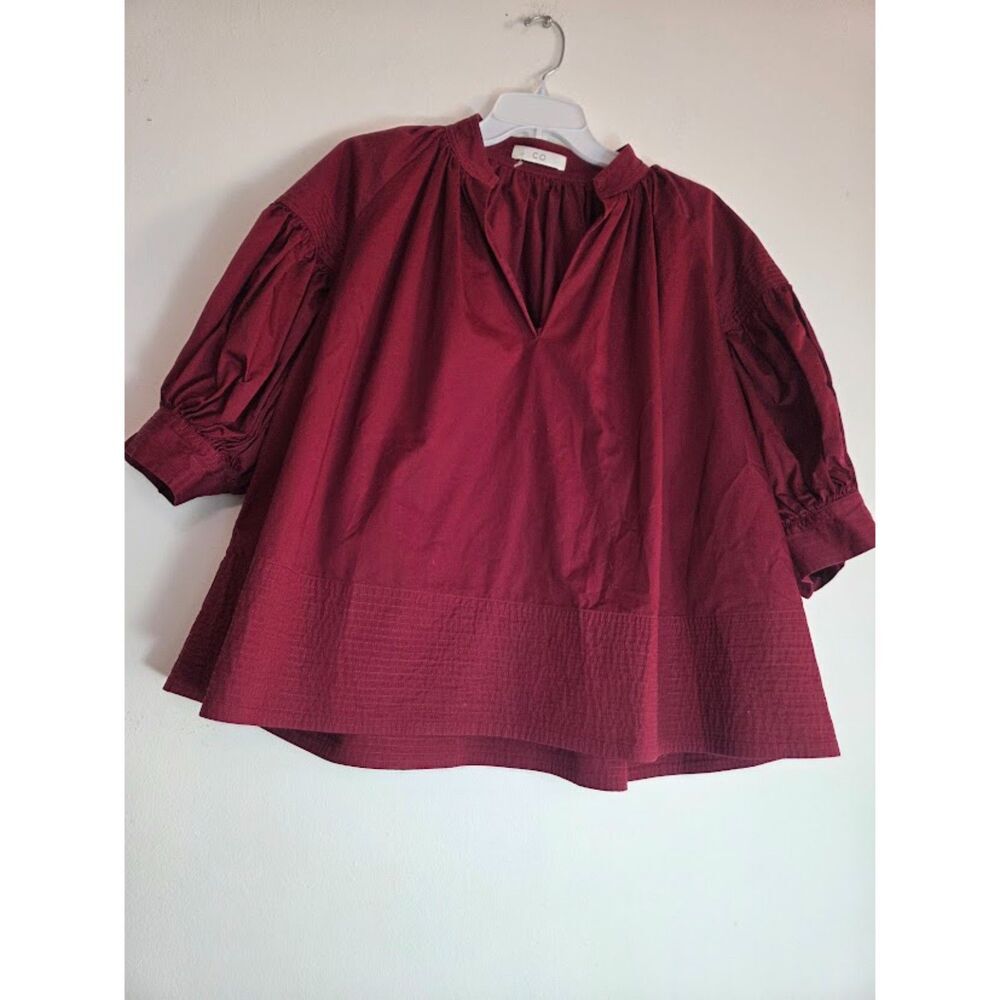 CO Women Dark Red V-Neck Puff Sleeve Poplin 100% Cotton Boxy Blouse size Small - Picture 4 of 9